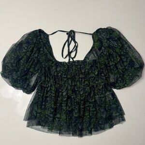 Free People floral print mesh blouse with tie sleeves